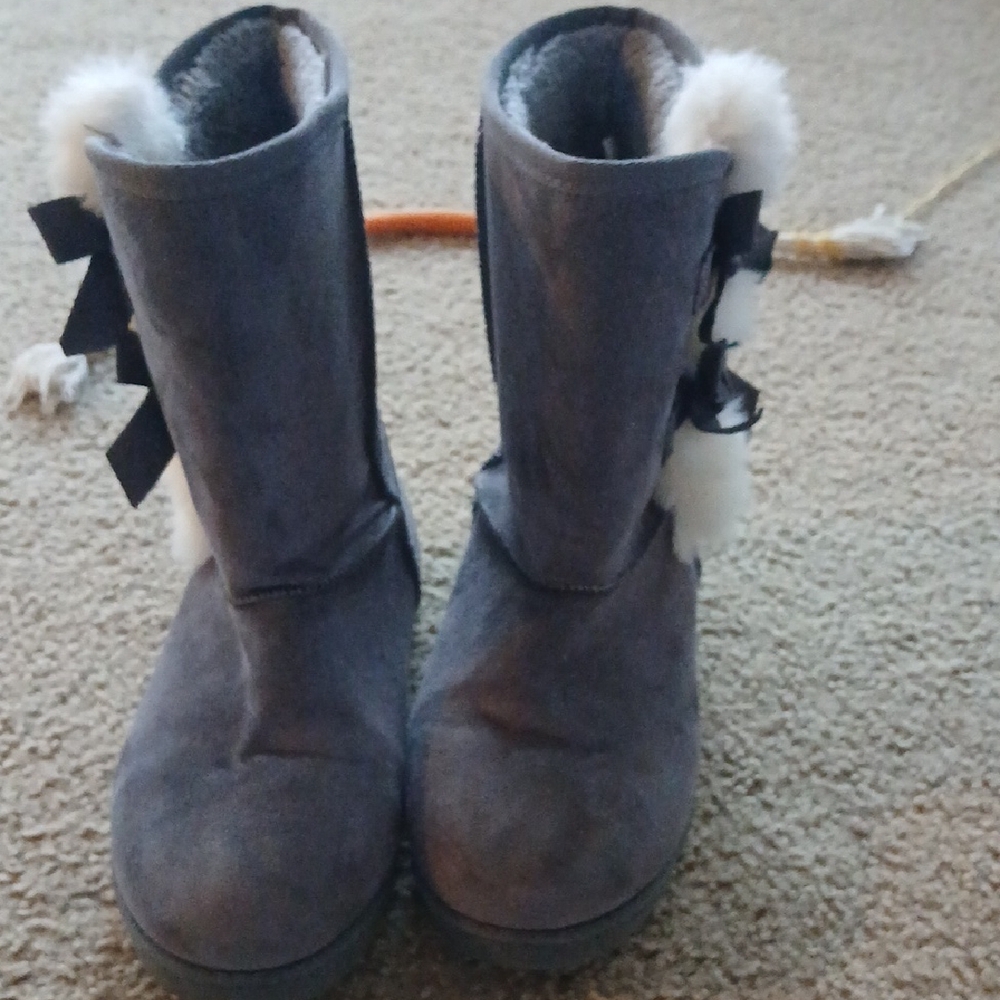 Gray Suede Boots with Black Bows